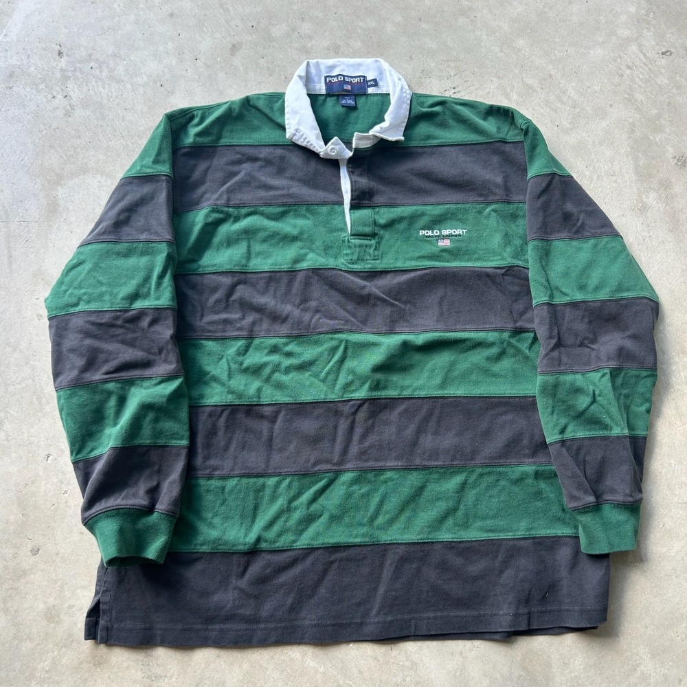 Polo Sport Ralph Lauren Rugby Shirt XXL Green Navy Blue Striped Vintage 90s